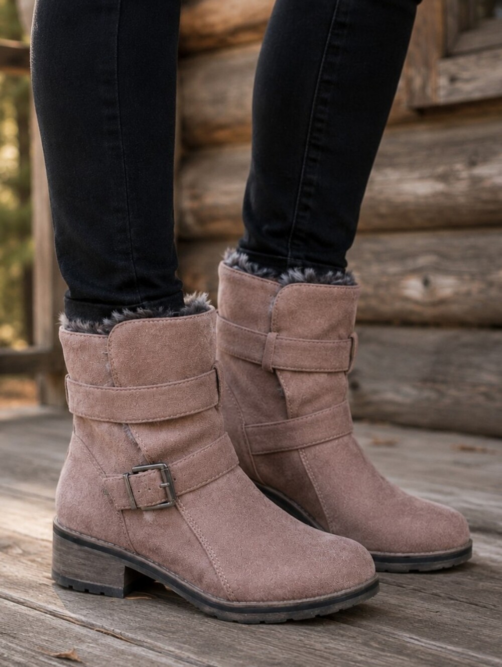 Alexis Bendel Melon Y2K Boho Moto Buckle Faux Fur Lined Block Heel Booties 9M